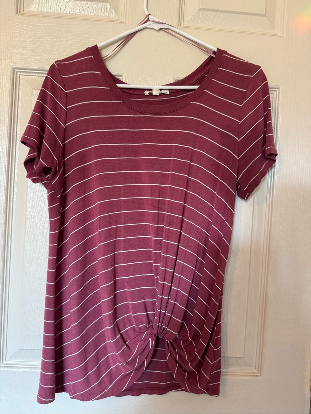 nine britton Burgundy Striped Short Sleeve Knot Front Top